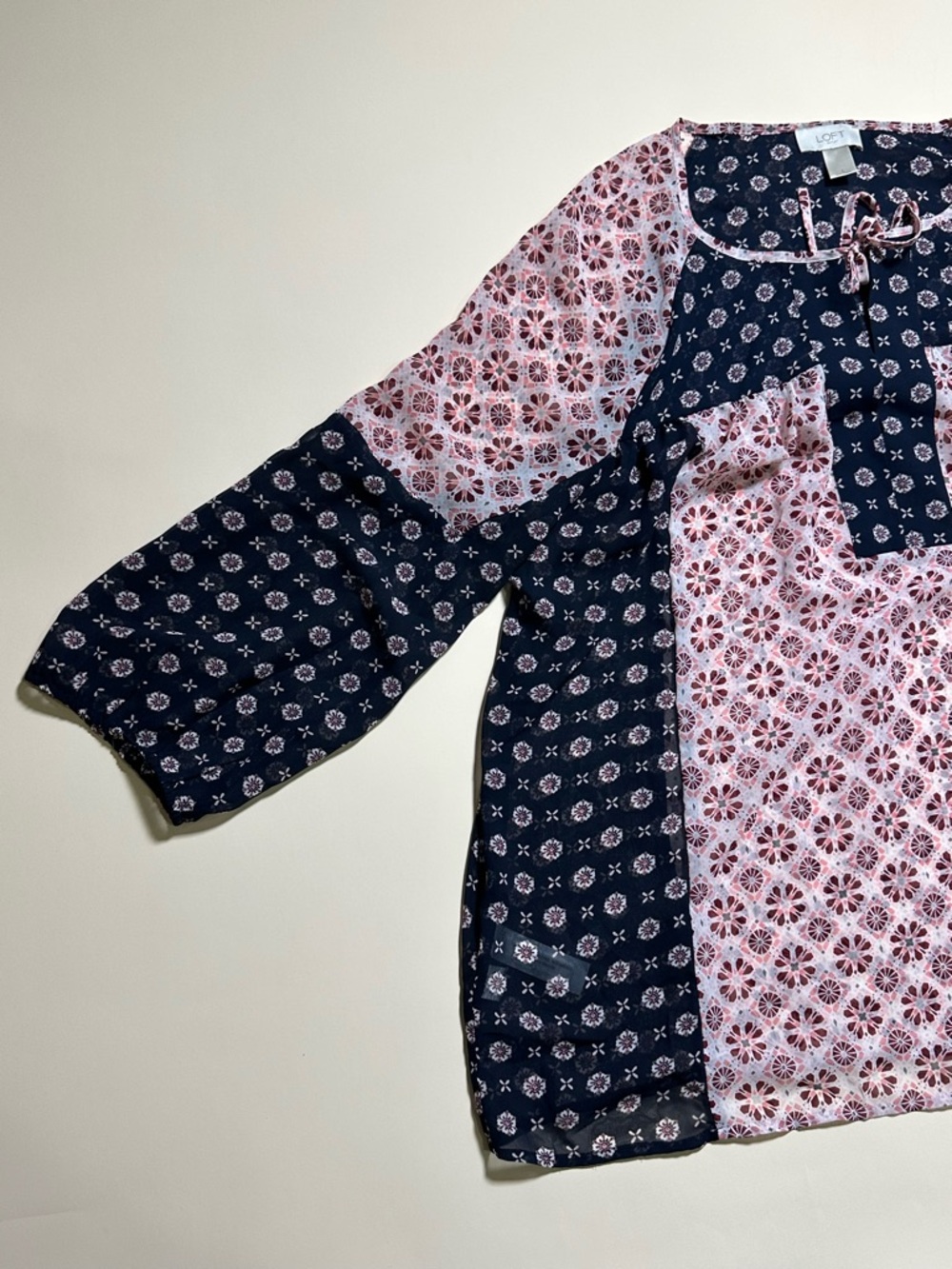 LOFT Navy and Pink Mixed-Print Peasant Blouse Size L